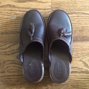 Dark brown J. Crew mules.